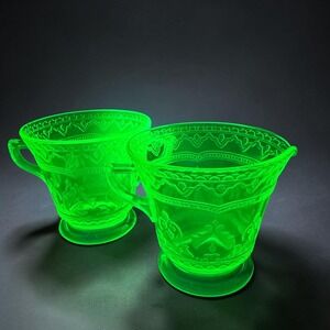 Federal Glass Patrician Spoke Green Uranium‎ Depression Glass Creamer Sugar Set
